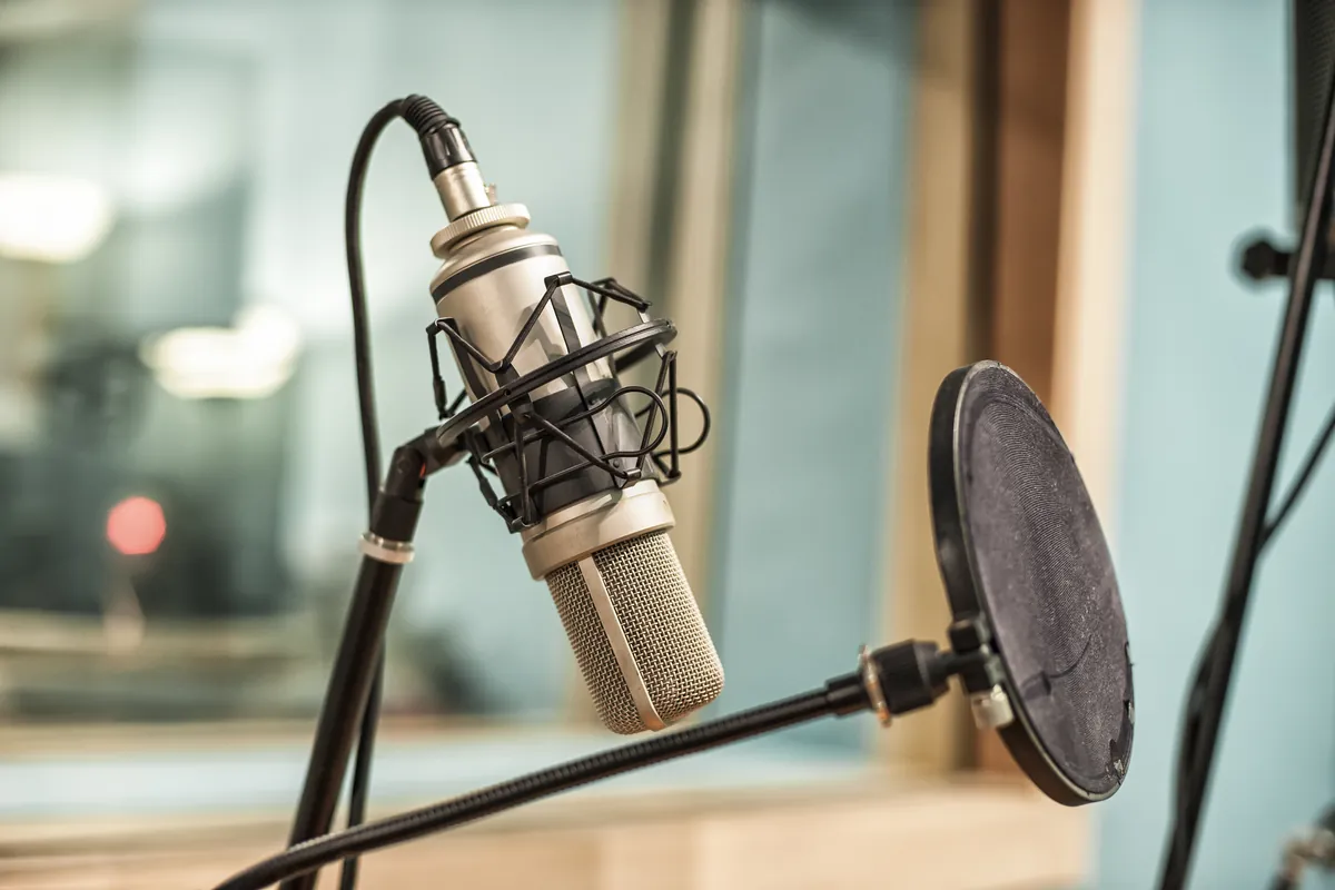 Micro de studio avec filtre anti-pop dans une cabine d'enregistrement, idéal pour l'ASMR