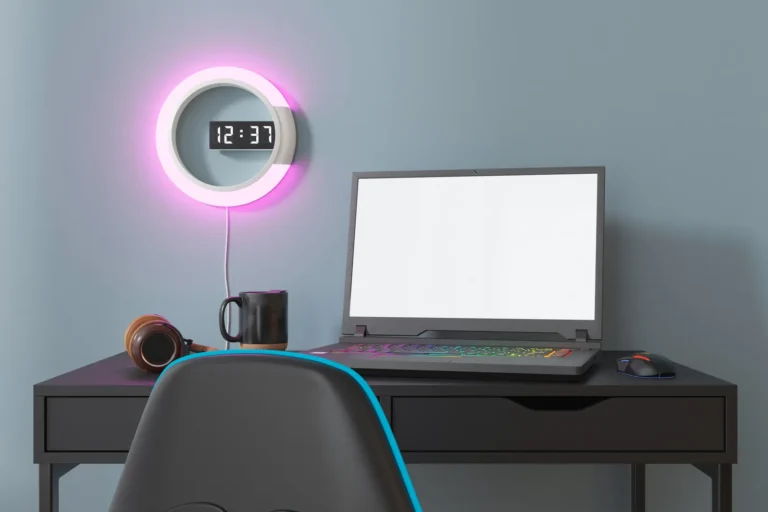 Ordinateur portable sur un bureau sombre, éclairé par un anneau néon rose et bleu au mur